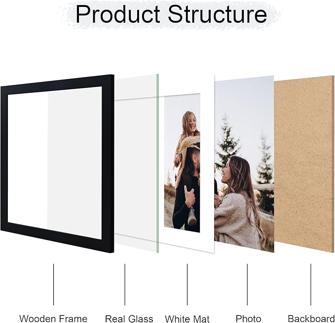 12x12 Picture Frame Set of 4, 12 x 12 Wood Photo Frames with Mat for 10x10 or 30x30cm Diamond Painting Art, Wooden Frame with Real Glass Cover for Wall and Tabletop Display,Black-CasaMuseHome