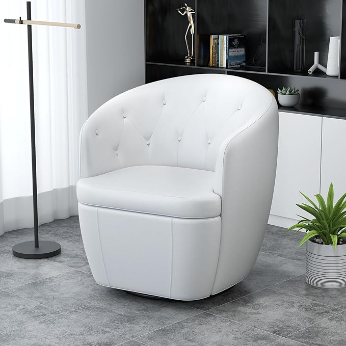 360° Swivel Leather Accent Chair, Modern Barrel Club Chair with Leather Upholstery and Sturdy Base, Comfortable Armchair for Living Room, Bedroom, Reading Nook, White-CasaMuseHome