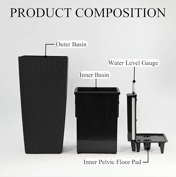 2Pcs 23in High Large Plant Pots Planter-Self-Watering,Modern Planter with Drain Holes,Water Level Monitor,Inner Bucket for Indoor/Outdoor Front Porch Patio,Black Rattan-CasaMuseHome