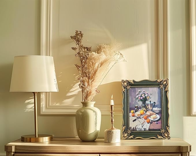 8x10 Vintage Picture Frame with Embossed Flower Design, Green Ornate Frame for 8x10 or 5x7 Pictures with White Mat, Hand-Crafted Resin Antique Frames for Tabletop & Wall Hanging, Home Decor (Green )-CasaMuseHome