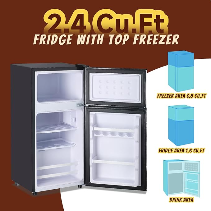 2.4 Cu.ft Mini Fridge with Freezer Compact Fridge Refrigerator Dual Door Small Fridge Senven Temp Gear Removable Shelves Dark Grey-CasaMuseHome