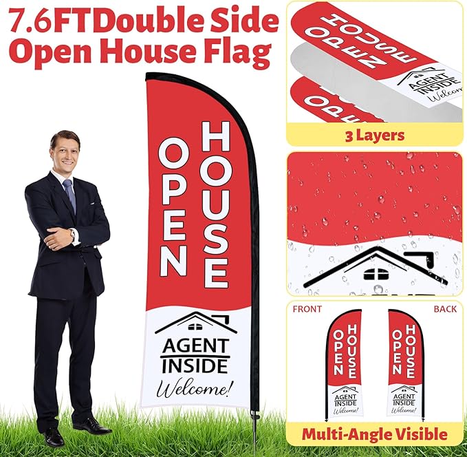 44 Pcs Open House Signs for Real Estate Agent Supplies, Double Sided Open House Flag with Poles Kit, 7.6 x 5.4 Ft Red Opening Sign Banner Set, 5 Pack Yard Signs with Metal Stakes 30 Balloons-CasaMuseHome