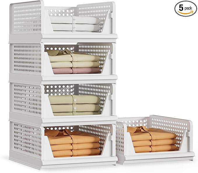5 Pack Stackable Plastic Storage Basket Closet Organizer Bin Foldable Clothes Organizer Storage Drawer Shelf Container for Living Room Bathroom Kitchen Office (5L)-CasaMuseHome