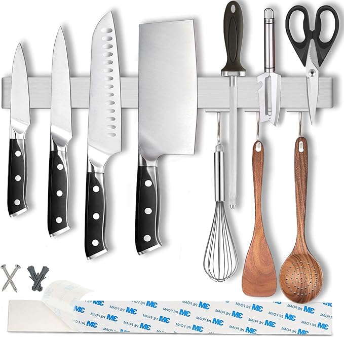 17.5" Magnetic Knife Holder for Wall with Hooks - No Drill Adhesive Mount - 304 Stainless Steel Knife Magnetic Strip-CasaMuseHome