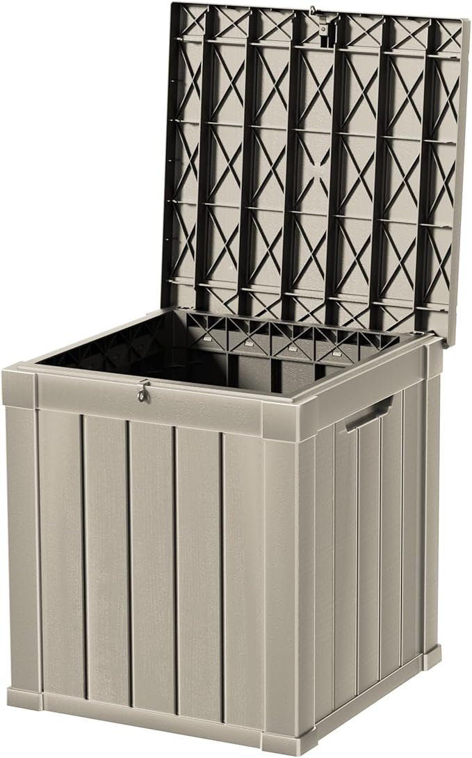 50 Gallon Double-Wall Resin Deck Box - Lockable Waterproof Outdoor Storage Box, 515lbs Capacity & Doubles as Seating for Patio Furniture - Garden Tools, Pool Accessories (Brown)-CasaMuseHome