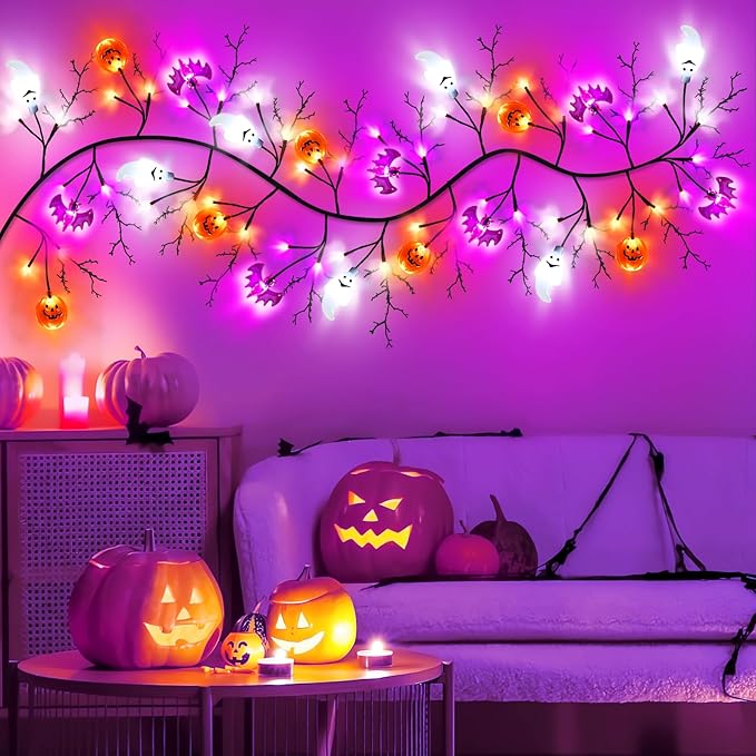 7 Ft 63 LED Halloween Willow Vine Twig Garland with 8 Modes Timer Orange Purple White Lights,7 Pumpkin Bat Ghost, Garland with Battery Operated for Wall Fireplace Halloween Decorations-CasaMuseHome