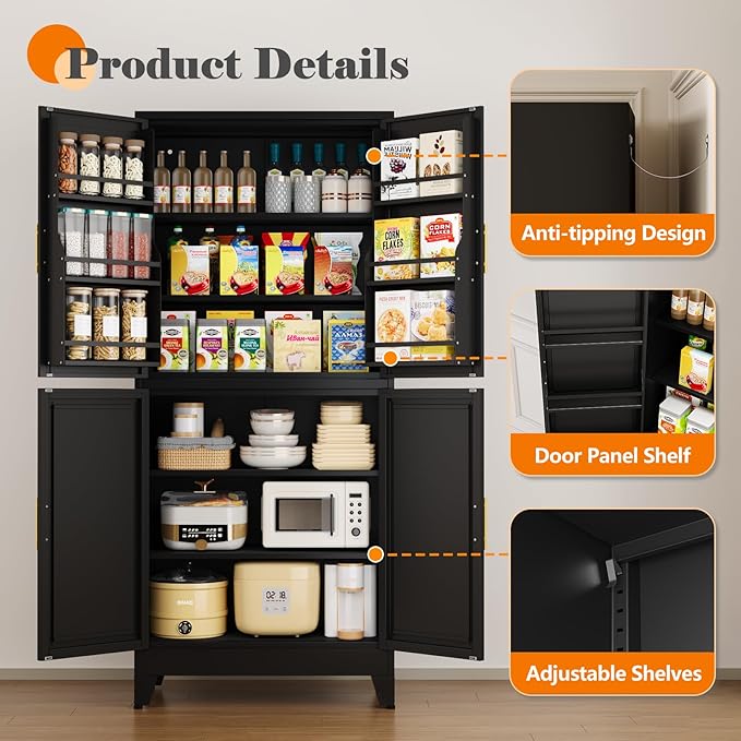 74.8" Tall Metal Food Cabinet, Black Kitchen Pantry Cabinet, Storage Cabinets with 4 Door and 4 Adjustable Shelves, Steel Freestanding Cupboard for Kitchen Dining Room Living Room Bathroom-CasaMuseHome