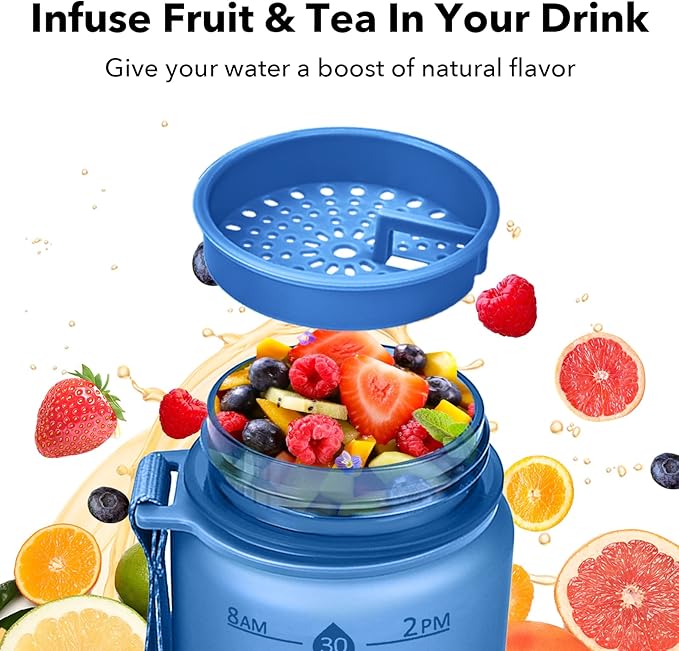 32oz Motivational Water Bottles with Time Marker & Fruit Strainer, Transparent Gradient Color Water Bottle with Times to Drink, Leakproof & BPA Free, Reusable Bottle with Strap (No Straw)-CasaMuseHome
