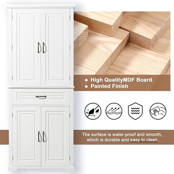 72.2" Tall Storage Cabinet with 4 Doors and Drawer, Freestanding Linen Cabinet, Wooden Pantry with Adjustable Shelf for Kitchen, Bathroom, Living Room White-CasaMuseHome
