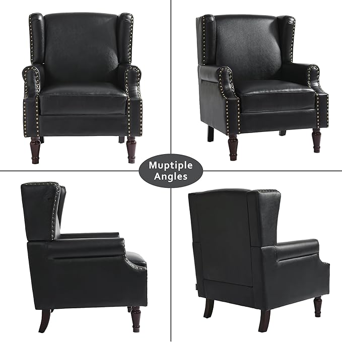 Accent Chairs, Faux Leather High Back Armchair Set of 2 or Living Room, Comfy Upholstered Single Sofa Reading Chairs with Solid Wood Legs for Office, Bedroom, Waiting Room-Black-CasaMuseHome