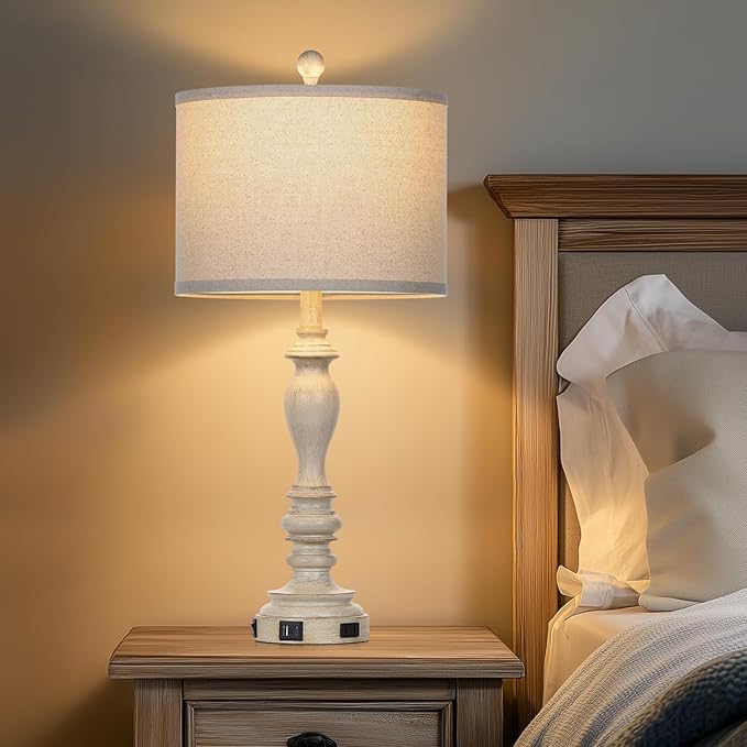 27.5" Retro Table Lamps Set of 2 with USB A+C Charging Ports -Nightstand Lamp for Bedroom Vintage Rustic Table Lamps for Living Room Traditional Nightstand Bedside Lamps（2 Bulbs Included）-CasaMuseHome