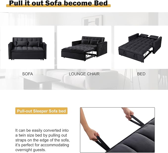 3 in 1 Sleeper Sofa Bed, Futon Sofa Bed for Living Room with Side Pocket, Black Sleepers Sofas Couch with Pullout Beds, Convertible Love Seat Sleepers Couch for Living Room, Bedroom,-CasaMuseHome