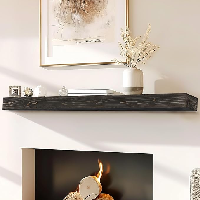 72x8x3 Fireplace Mantel - Handcrafted Hollow Rustic Solid Wood Wall Mounted Floating Shelf with Invisible Heavy Duty Wood Bracket (Weathered Black)-CasaMuseHome