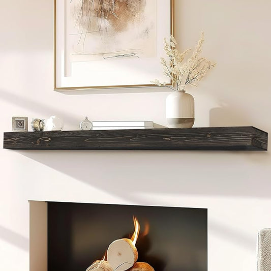 72x8x3 Fireplace Mantel - Handcrafted Hollow Rustic Solid Wood Wall Mounted Floating Shelf with Invisible Heavy Duty Wood Bracket (Weathered Black)-CasaMuseHome