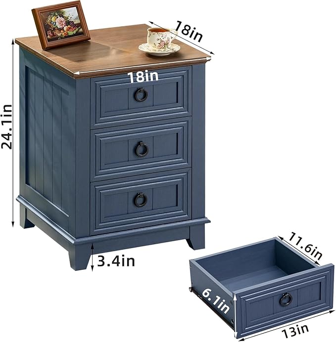 18" Farmhouse Night Stands Set of 2 with Charging Station, 2 & 3 Drawers End Table Dresser for Bedroom, Blue Wooden Nightstand, Bed Side Table with Open Shelf, Bedside Cabinet for Living Room-CasaMuseHome