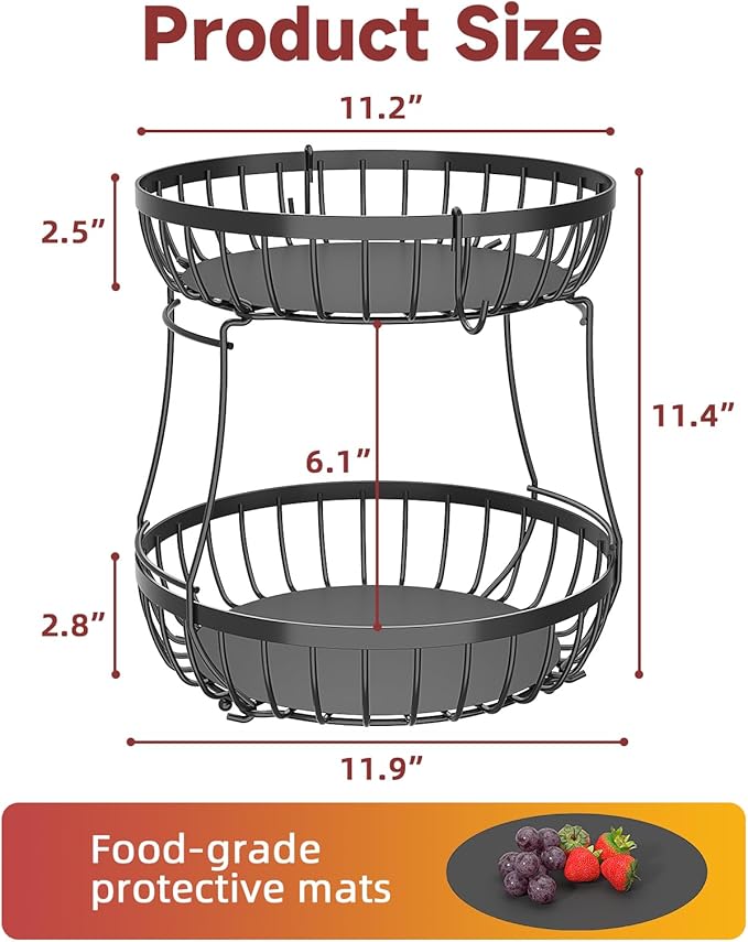 2 Tier Fruit Basket for Kitchen Counter with 2 Banana Hangers, 2025 Pro Detachable Metal Fruit Bowl with Wooden Handle,Fruit Holder for Bread Snack Veggies, Black Extra Large-CasaMuseHome