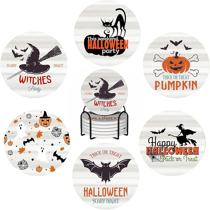 6 PCS Halloween Coasters with Metal Holder and Cork Base Ceramic Drink Coasters Absorbent Cup Mat Non-Slip for Home Kitchen Office Table Decor, 4 Inch Halloween 1-CasaMuseHome