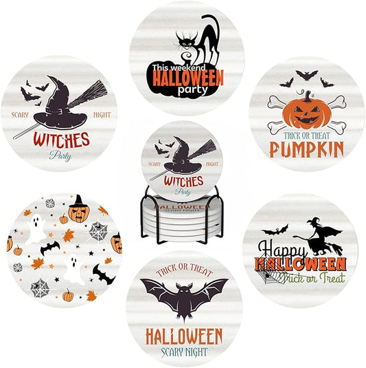 6 PCS Halloween Coasters with Metal Holder and Cork Base Ceramic Drink Coasters Absorbent Cup Mat Non-Slip for Home Kitchen Office Table Decor, 4 Inch Halloween 1-CasaMuseHome
