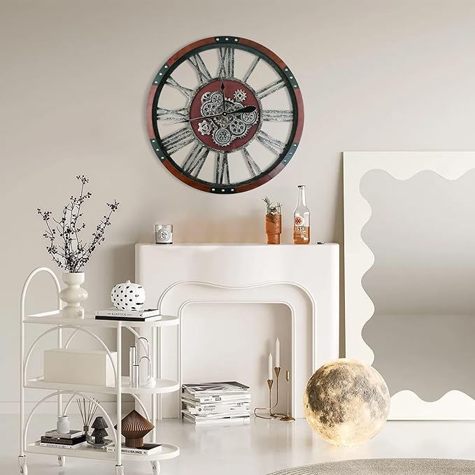 36 Inch Moving Gear Wall Clock, Oversized Wall Clocks, Clock Living Room Decor, Solid Wood Frame, Battery Operated, Large Wall Clock with Industrial for Fireplace(Black Walnut)-CasaMuseHome