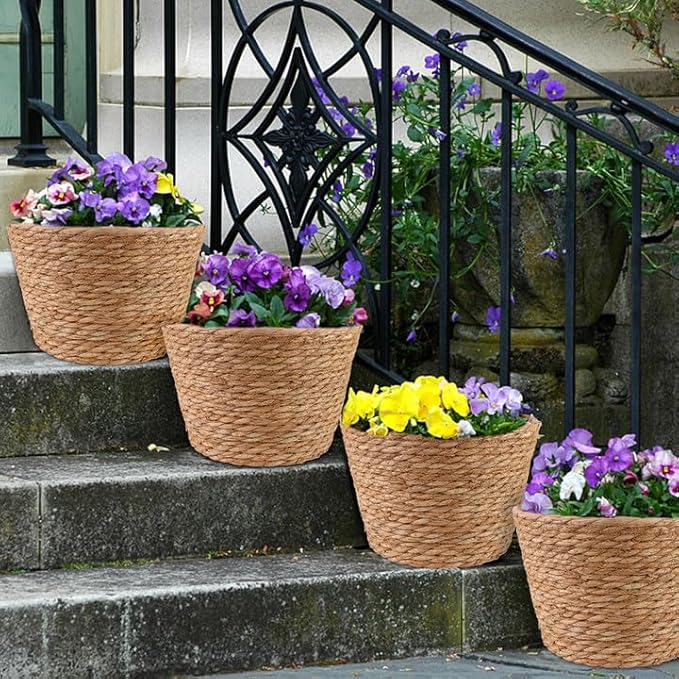 4 Pcs Large Premium Seagrass Planter Basket with Plastic Lining Natural Stylish Planter Baskets Indoor Outdoor Plants Woven Wicker Baskets for Plants Flower Pots Cover and Room Decor(10.2x7.5x7.5")-CasaMuseHome
