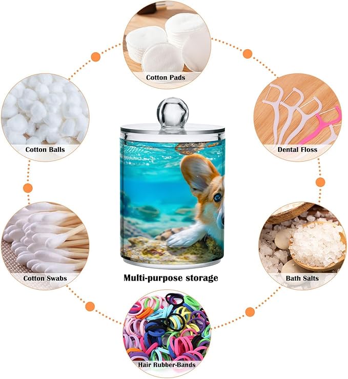 2 Pack Qtip Holder Organizer Dispenser Corgi Dog Underwater Bathroom Storage Canister Cotton Ball Holder Container for Cotton Pads/Swabs/Floss-CasaMuseHome