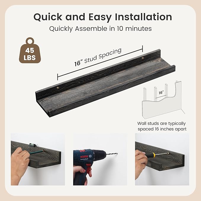 24 Inches Floating Shelves for Wall, Solid Pine Wood Picture Ledge Shelves, Wall Shelves with Lips, Nursery Book Shelves for Toys Storage Living Room Bedroom Photo Frames (2 Pcs, Grey)-CasaMuseHome