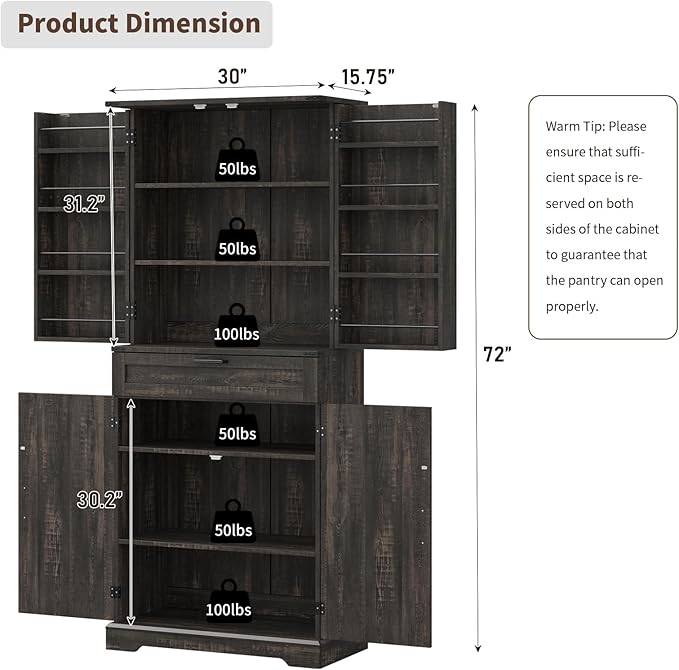 72'' Kitchen Storage Pantry Cabinet, Tall Storage Cabinet with 8 Door Shelves, 2 Cabinets and 1 Drawer, Freestanding Cupboard for Kitchen, Dining Room, Bathroom, Laundry, Living Room, Dark Rustic Oak-CasaMuseHome