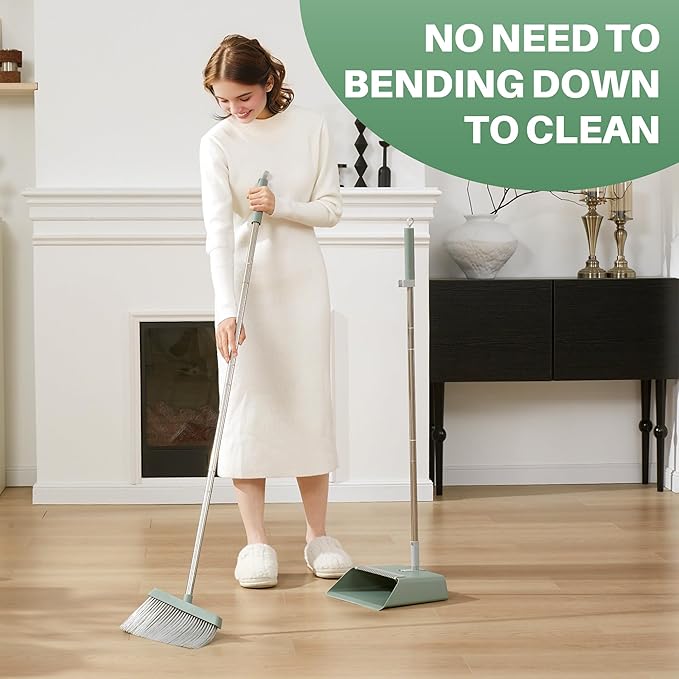 JOYMOOP Dark Teal Green Broom and Dustpan Set with 56” Handle, Upright Angle with Comb Teeth for Pet Hair and Hardwood Floors-CasaMuseHome