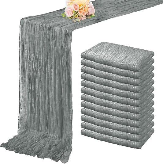 12 Pack Gray 10FT Cheesecloth Table Runner Rustic Gauze Fabric Cheese Cloth Table Runner for Wedding Bridal Baby Shower Table Decor 20 x 120 Inch Long Boho Sheer Birthday Party Table Decorations-CasaMuseHome