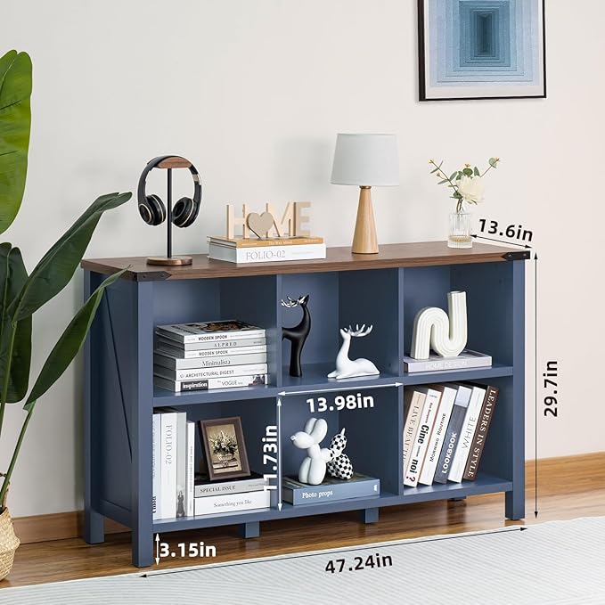 6 Cube Bookcase, Farmhouse Wood Low Storage Organizer Book Shelf, 47" Horizontal Navy Blue Console Bookshelf with Legs, Hallway Book Case for Entryway, Display Cabinet for Living Room, Office-CasaMuseHome
