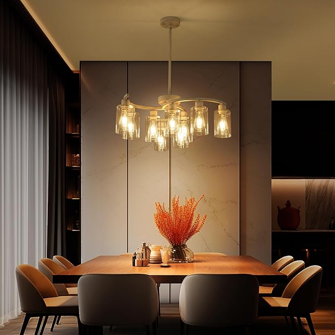 9-Light Antique White Chandelier with Clear Glass Shade, French Country Chandeliers for Dining Room, Adjustable Height Hanging Chandelier for Kitchen Island Living Room Foyer Bedroom-CasaMuseHome