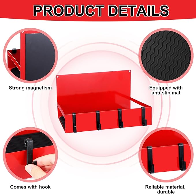 3 Pack Magnetic Garage Organizer Spice Rack for Refrigerator - 20 lb Capacity Shelf Hanging Heavy Duty Fridge Side for Organize Garage Tools, Red-CasaMuseHome