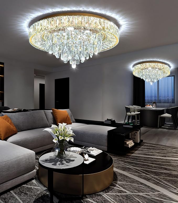 23.6'' Modern Crystal Chandeliers LED Dimmable Flush Mount Ceiling Chandeliers for Living Room Entrance Foyer Bedroom Gold-CasaMuseHome