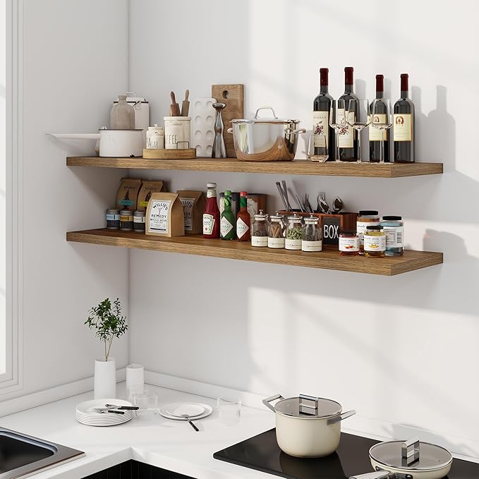 55" Floating Shelves for Wall, 12" Deep Slim Walnut Floating Shelves, Wall-Mounted Shelves for Bedroom, Living Room, Kitchen, Bathroom - Set of 2-CasaMuseHome
