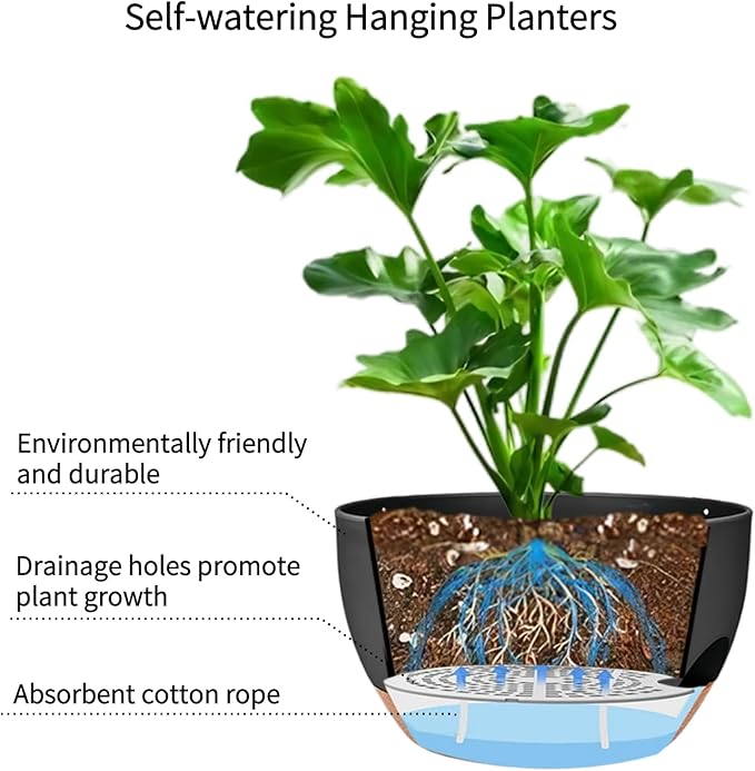 2 Pack Hanging Planters for Indoor Outdoor Plants, 12 Inch Self Watering Hanging Pot with Drainage Holes and Saucer, Plastic Plant Pots, Black Brown Flower Pots for Kitchen, Balcony, Garden-CasaMuseHome