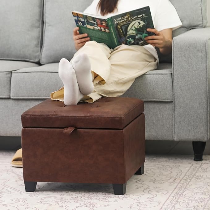 Adeco Faux Leather Storage Ottoman Bench with Wood Legs, 17.7" Square Red and Brown PU Cube Foot Stool, Upholstered Button Tufted Vanity Chair with Hinged Lid for Living Room, Bedroom, Dorm-CasaMuseHome