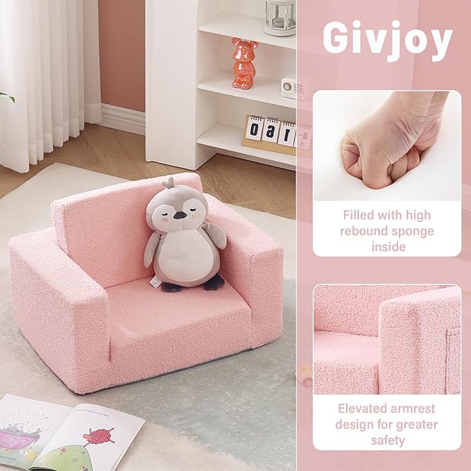 2-in-1 Toddler Chair Sherpa Couch - Soft Kids Lounger for Bedroom, Convertible Sofa for Girls and Boys, Reading Chair, Pink-CasaMuseHome