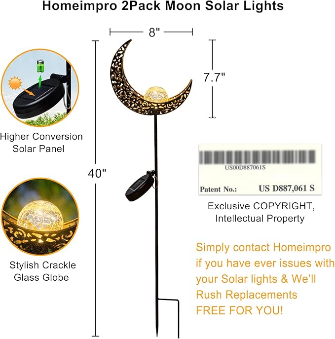 2Pack Moon Garden Solar Lights Outdoor Stakes Waterproof, Gifts for Mom, Crackle Glass Patio, Backyard Decorations, Balcony Lawn Ornaments, for Women Men Grandma (Bronze)-CasaMuseHome