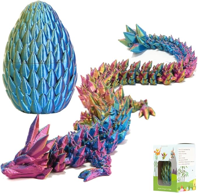 3D Printed 12” Articulated Crystal Dragon Inside 5.1” Egg – Fantasy Collectible, Fidget Toy & Stocking Easter Basket Stuffers for Home & Office Decor (Multicolor).-CasaMuseHome