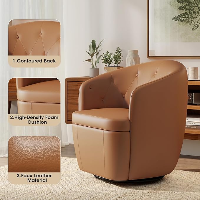 360° Swivel Leather Accent Chair, Modern Barrel Club Chair with Leather Upholstery and Sturdy Base, Comfortable Armchair for Living Room, Bedroom, Reading Nook, Brown-CasaMuseHome