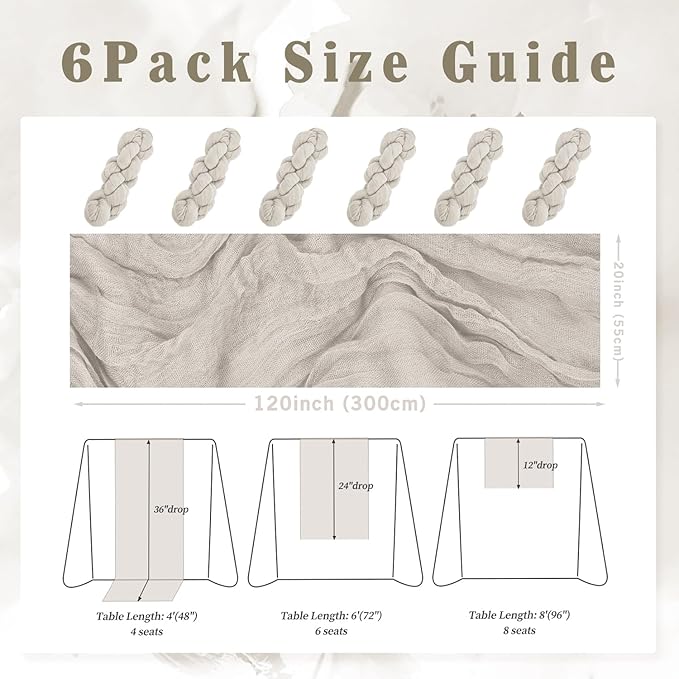 6 Pack Rose Brown Cheesecloth Table Runner 10FT Rustic Gauze Fabric Cheese Cloth Table Runner for Wedding Bridal Baby Shower Table Decor Boho Sheer Birthday Party Table Decorations 20 x 120 Inch Long-CasaMuseHome