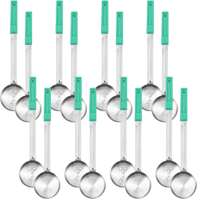 16 Pcs Portion Control Serving Spoons, Restaurant Measuring Serving Ladle Utensils, Portion Control Slotted Scoops for Weight Loss, Solid and Perforated Scoops(Green,4 oz)-CasaMuseHome