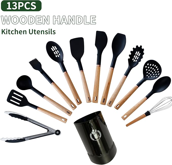 13-Piece silicone utensil set wood handle nonstick cookware safe dishwasher safe kitchen tools BPA free heat resistant (450°F/230°C) ceramic pan safe cooking gifts housewarming (Black)-CasaMuseHome