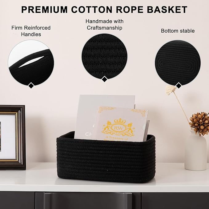 4 Pack Small Storage Shelf Baskets for Organizing, Mini Woven Rope Storage Bins for Towels, Cute Decorative Closet Organizer，Baby Nursery, Gift Empty Baskets -11.81''Lx7.87''Wx4.72''H-Black-CasaMuseHome