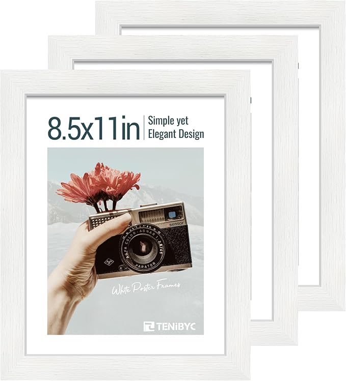 8.5x11 Picture Frame Set of 3 - White Woodgrain, Solid Wood & HD Tempered Glass, Table Display or Wall Hanging-CasaMuseHome