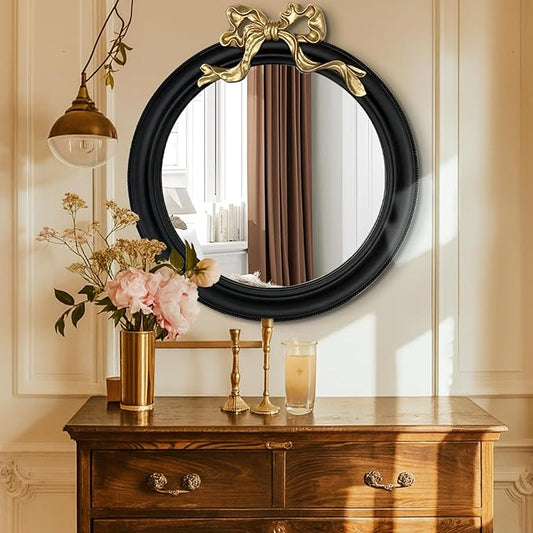 25x25 inch Bow Antique Round Mirror for Wall, Gold & Black Decorative Wall-Mounted Circle Mirror, Perfect for Bedroom, Hallway, Living Room Décor, and Bathroom Vanity-CasaMuseHome