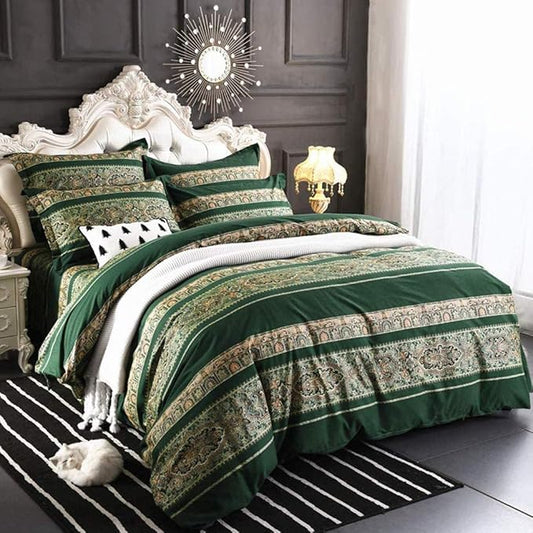 ABREEZE Bohemian Vintage Queen Size Floral Cotton Bedding Set 3Pcs Duvet Cover Set Boho Green Paisley 100% Egyptian Brushed Cotton Reversible Home Bedding Collection-CasaMuseHome