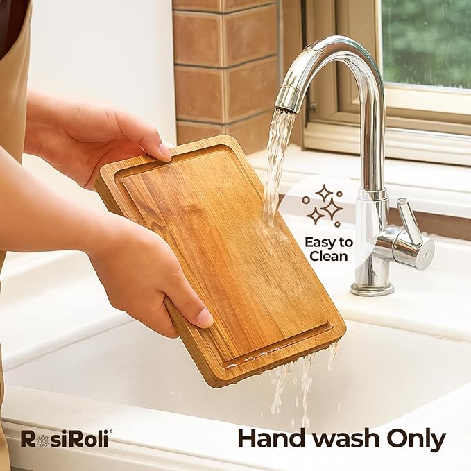 Acacia Wood Cutting Board for Kitchen - 0.8 inch Thick Wood Charcuterie Cheese Board with Side Handles and Juice Grooves, Wooden Chopping Block for Meat and Veggies, 11.5x7 inch-CasaMuseHome