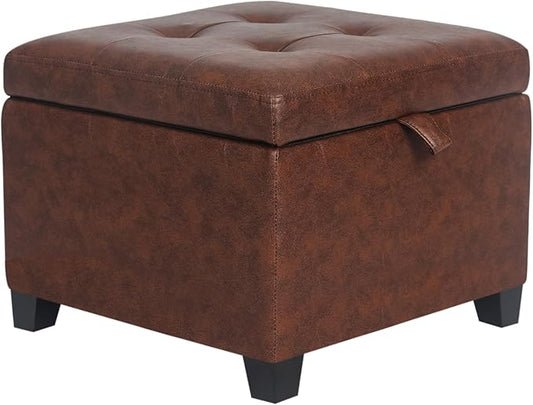 Adeco Faux Leather Storage Ottoman Bench with Wood Legs, 17.7" Square Red and Brown PU Cube Foot Stool, Upholstered Button Tufted Vanity Chair with Hinged Lid for Living Room, Bedroom, Dorm-CasaMuseHome