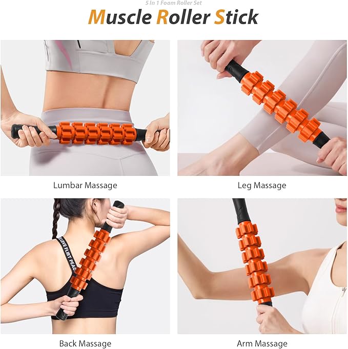 5 in 1 Foam Roller Set for Deep Tissue Muscle Massage, Trigger Point Fitness Exercise Foam Roller, Massage Roller, Massage Ball, Stretching Strap, for Whole Body (Orange-New)-CasaMuseHome